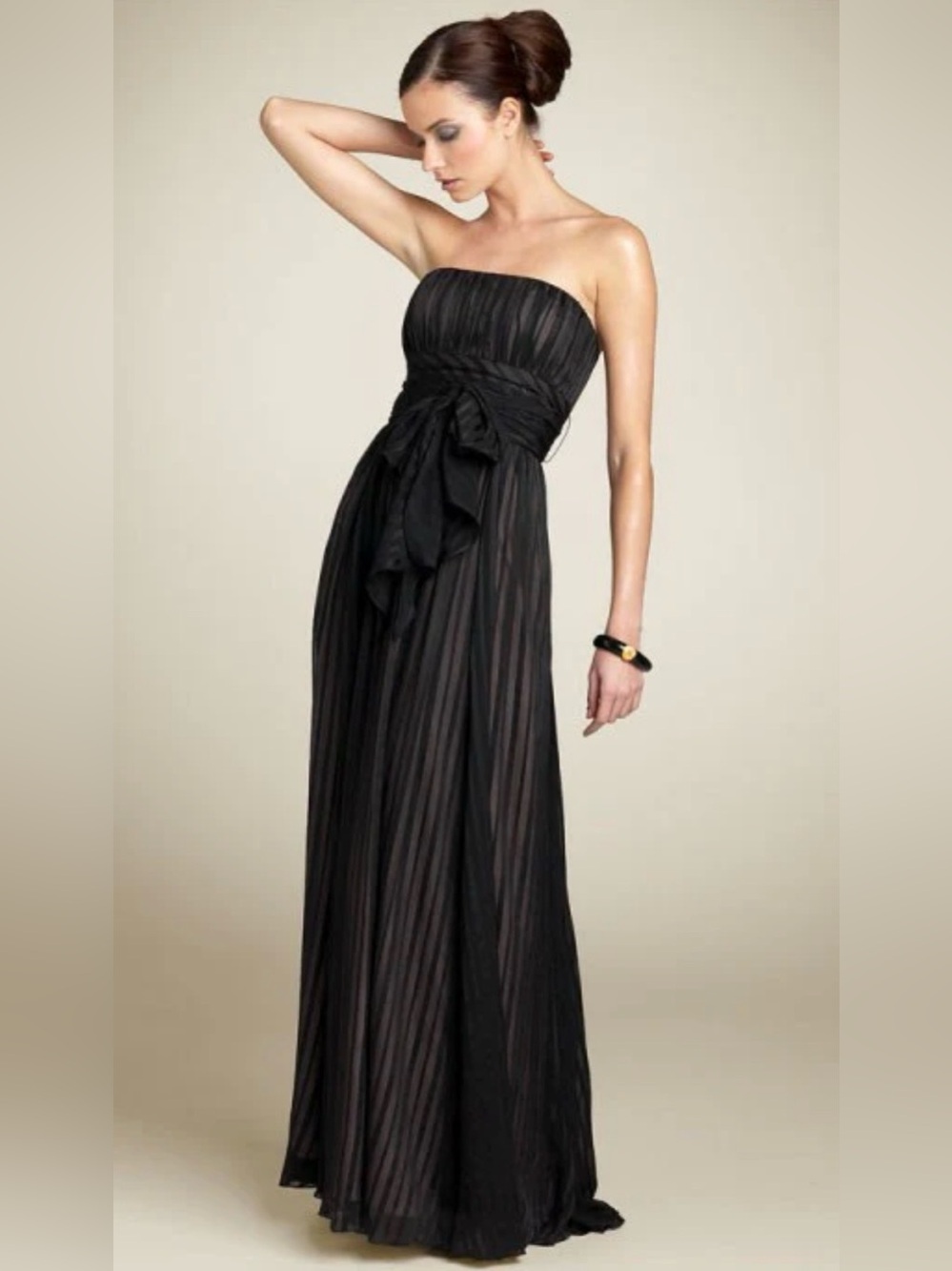 BCBGMaxAzria Stunning Silk Strapless Black Pleated Maxi Dress with Waist Tie